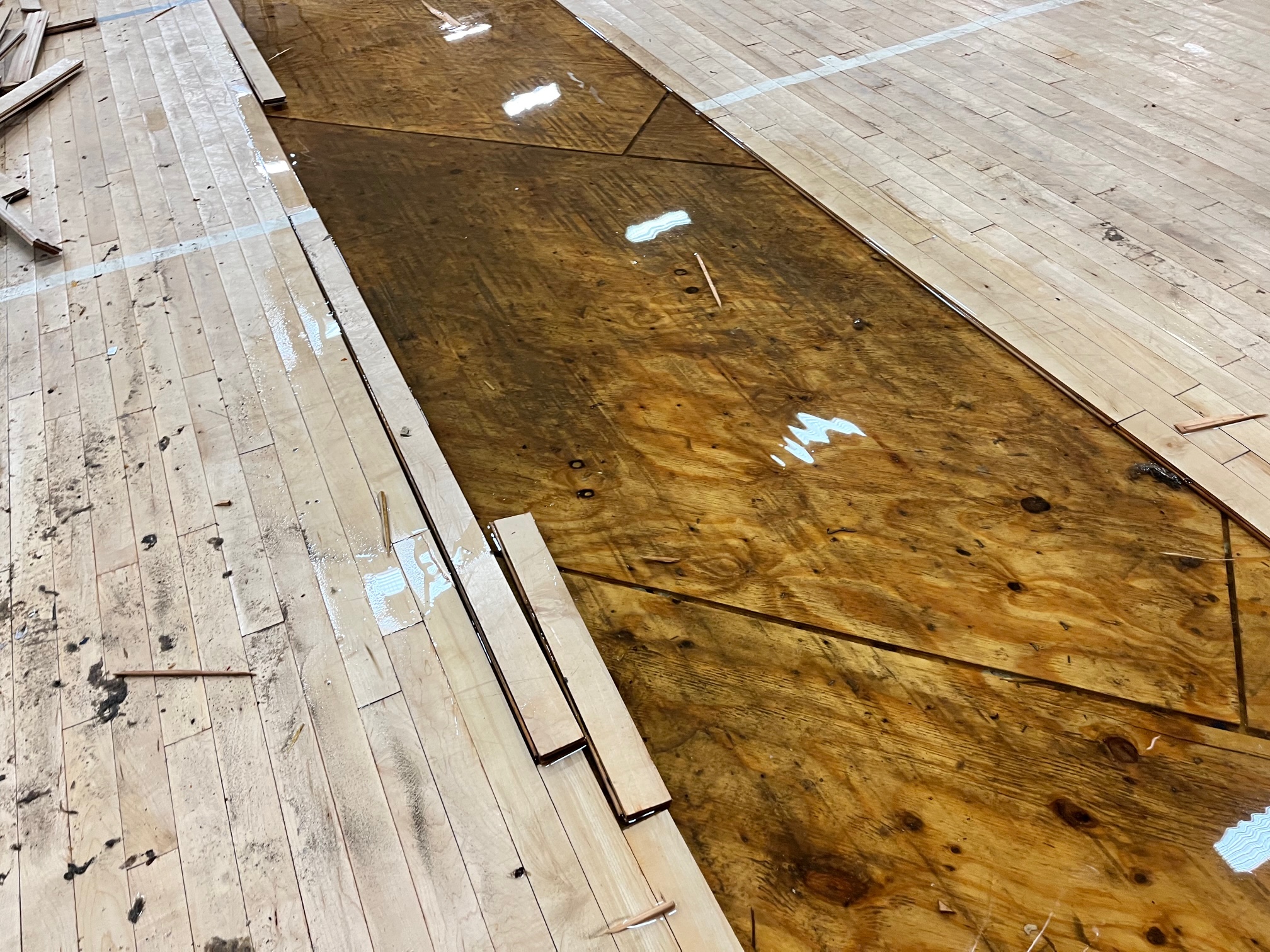 extreme water damage to gym floor